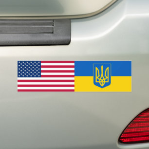 Ukraine USA American Flag Trident Ukrainian Bumper Sticker