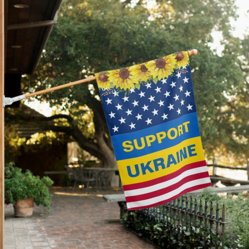 Ukraine USA American Sunflowers Patriotic House Flag