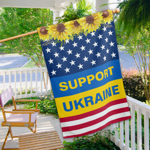 Ukraine USA American Sunflowers Patriotic House Flag
