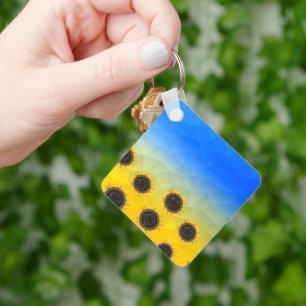 Ukraine yellow blue geometry mesh pattern Flowers Keychain