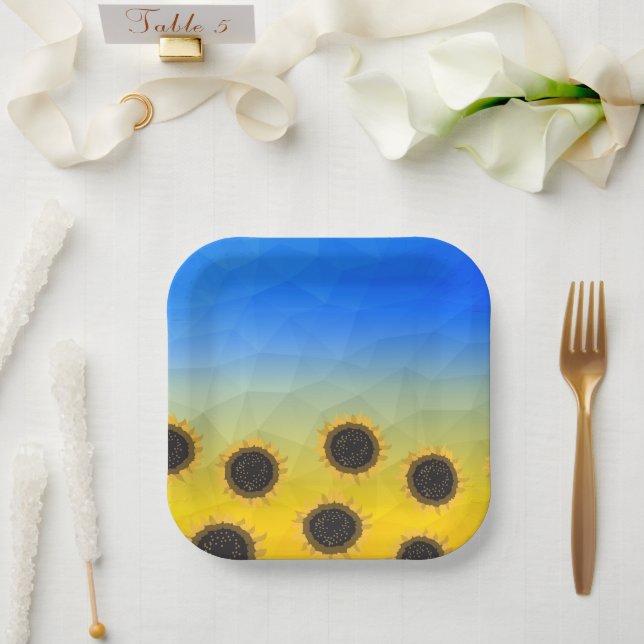 Ukraine yellow blue geometry mesh pattern Flowers Paper Plates (Wedding)