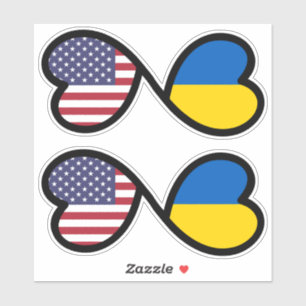 Ukrainian American Flags Entwined Hearts, Ukraine Sticker