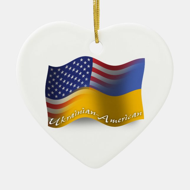Ukrainian-American Waving Flag Ceramic Ornament (Front)