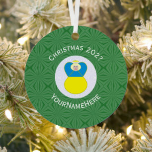 Ukrainian Angel Christmas Flag Personalized Text  Metal Ornament