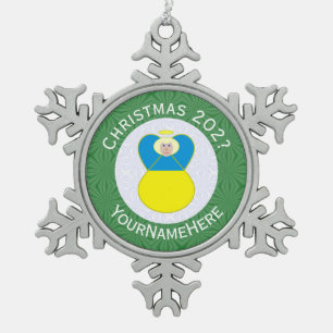 Ukrainian Angel Christmas Flag Personalized Text  Snowflake Pewter Christmas Ornament