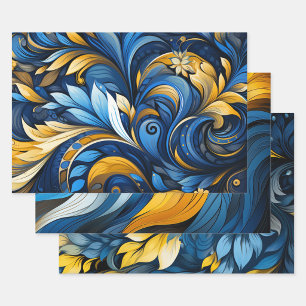 Ukrainian blue and yellow art motifs 3 wrapping paper sheets