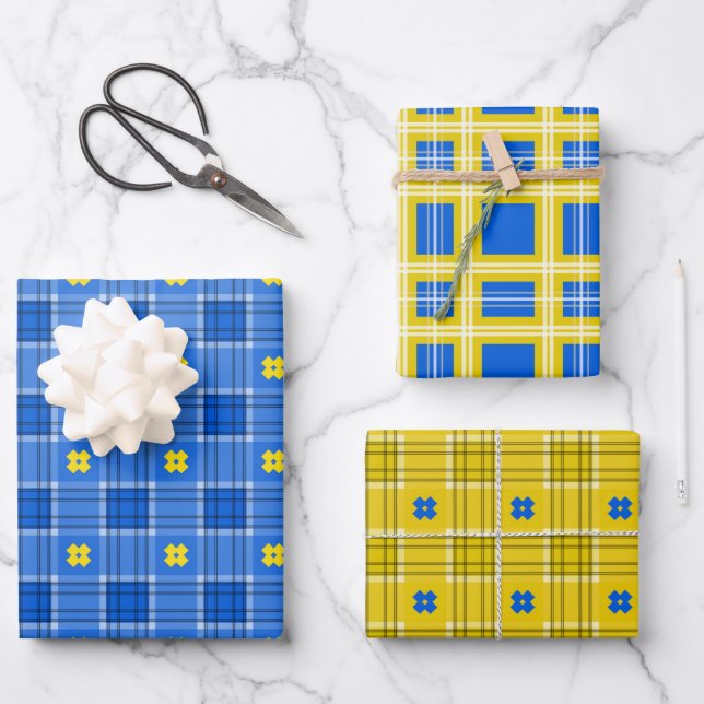 Ukrainian Blue And Yellow Plaid Wrapping Paper Sheets (Front)