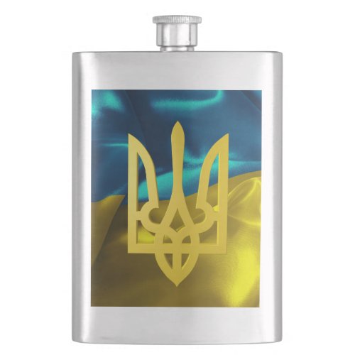Ukrainian Blue Yellow Tryzub Waving Flag Hip Flask