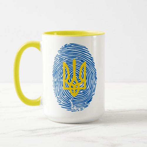 Ukrainian coat of arms on fingerprint background mug