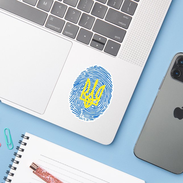 Ukrainian coat of arms on fingerprint background sticker (Laptop w/ iPhone)