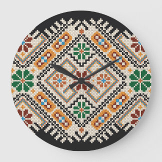 Ukrainian Cross-Stitch: Ethnic Handmade Pattern. Large Clock
