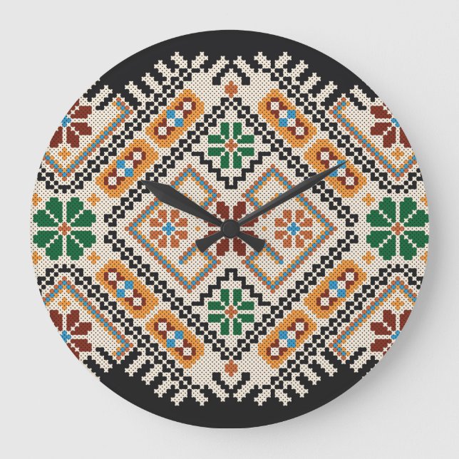Ukrainian Cross-Stitch: Ethnic Handmade Pattern. Large Clock (Front)