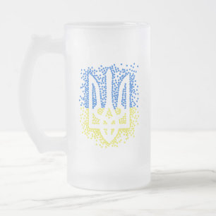 Ukrainian emblem trident tryzub scattering hearts frosted glass beer mug