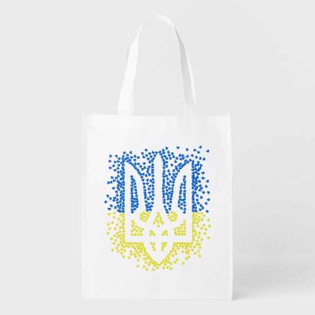 Ukrainian emblem trident tryzub scattering hearts grocery bag (Front)