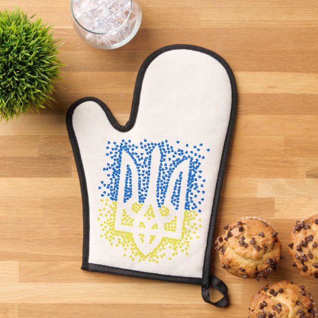 Ukrainian emblem trident tryzub scattering hearts oven mitt (Top down)