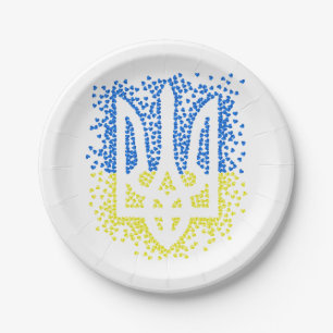 Ukrainian emblem trident tryzub scattering hearts paper plates