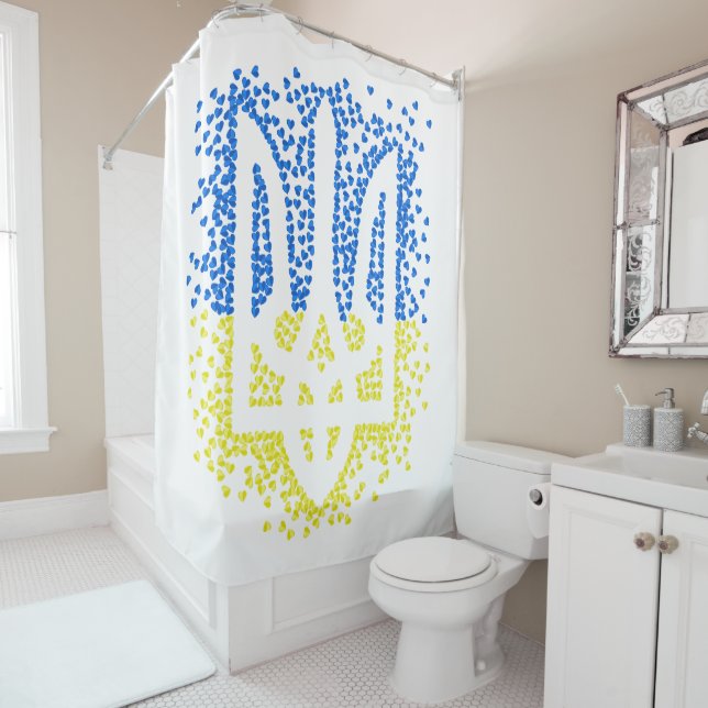 Ukrainian emblem trident tryzub scattering hearts shower curtain (In Situ)
