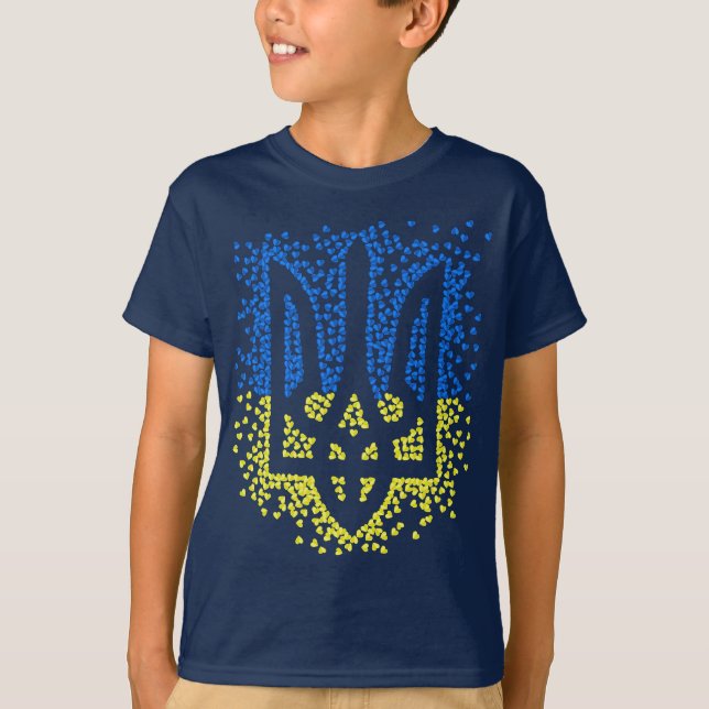 Ukrainian emblem trident tryzub scattering hearts T-Shirt (Front)