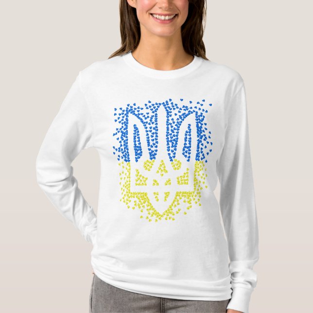 Ukrainian emblem trident tryzub scattering hearts T-Shirt (Front)
