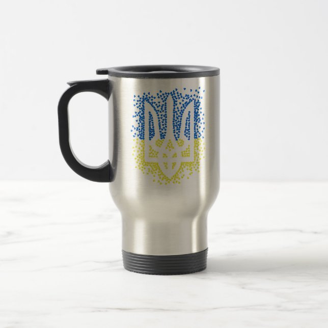 Ukrainian emblem trident tryzub scattering hearts travel mug (Left)