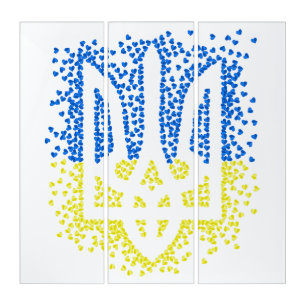 Ukrainian emblem trident tryzub scattering hearts triptych