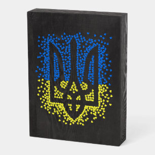 Ukrainian emblem trident tryzub scattering hearts wooden box sign