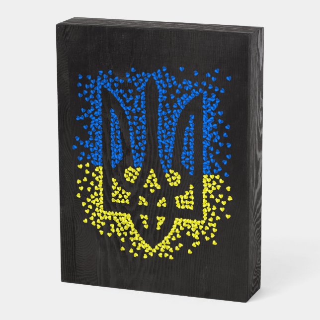 Ukrainian emblem trident tryzub scattering hearts wooden box sign (Angled Vertical)