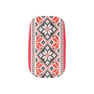 Ukrainian Embroidery Nail Art Black and Red