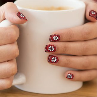 Ukrainian Embroidery Nail Art Black and Red Suns