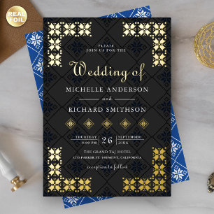 Ukrainian Embroidery Wedding Blue Black Gold Foil Invitation