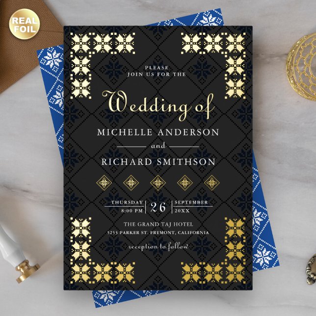 Ukrainian Embroidery Wedding Blue Black Gold Foil Invitation (Creator Uploaded)