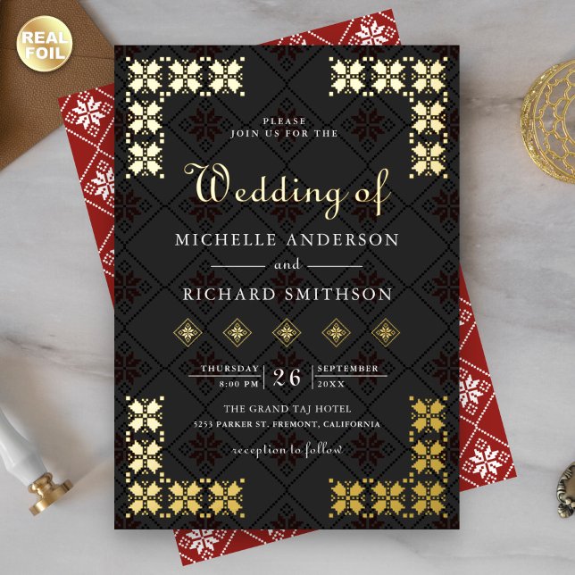 Ukrainian Embroidery Wedding Red Black Gold Foil Invitation (Creator Uploaded)