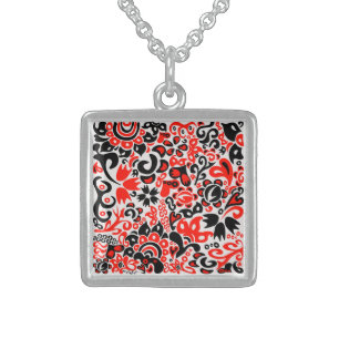 Ukrainian ethnic folk art floral pattern absrtact sterling silver necklace