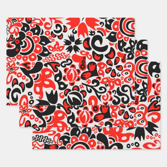 Ukrainian ethnic folk art floral pattern absrtact  wrapping paper sheets (Set)