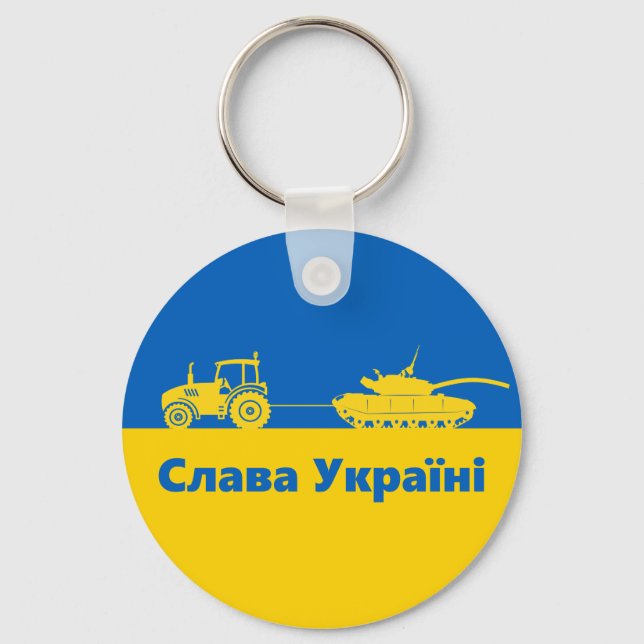 Ukrainian farmer steals tank towing Russia tank Ke Keychain (Front)