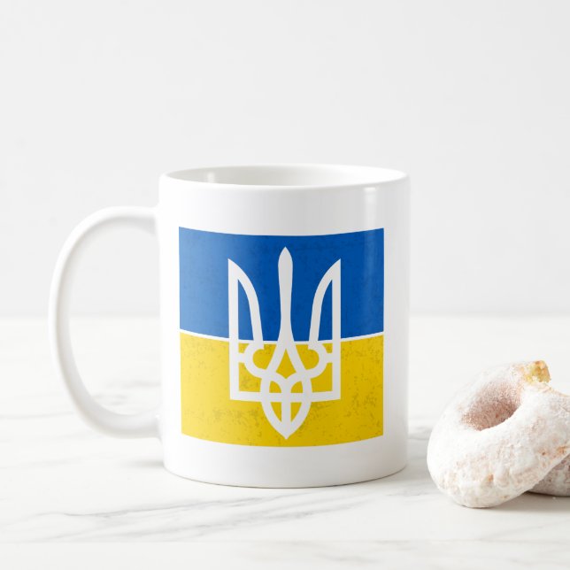 Ukrainian flag and coat of arms coffee mug (With Donut)