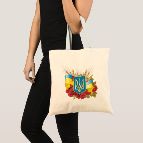 Ukrainian flag and coat of arms tote bag