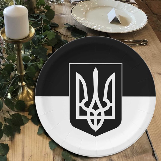 Ukrainian flag, Emblem & Ukraine - Black / White Paper Plates (Creator Uploaded)