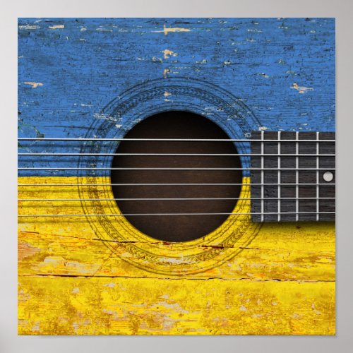 Ukrainian Flag on Old Acoustic Guitar Poster