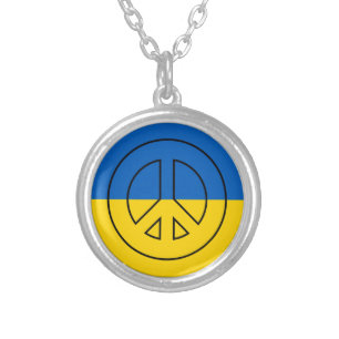 Ukrainian flag peace sign silver plated necklace