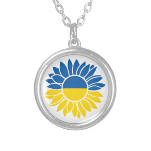 Ukrainian flag sunflower silver plated necklace