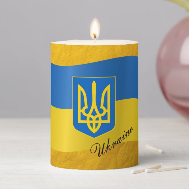 Ukrainian Flag & Ukraine emblem, Lorraine Cross Pillar Candle (In Situ)