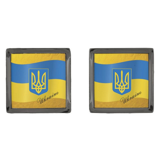 Ukrainian Flag & Ukraine emblem, text  Cufflinks (Front)