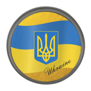 Ukrainian Flag & Ukraine emblem, text Gunmetal Finish Lapel Pin