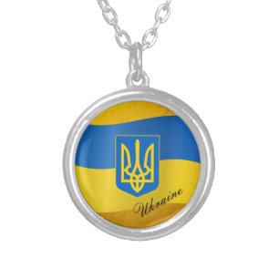 Ukrainian Flag & Ukraine emblem, text Necklace