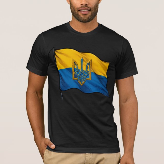 Ukrainian flag waving in the wind with Trident T-Shirt (Front)