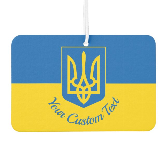 Ukrainian flag with coat of arms and custom text air freshener (Front)