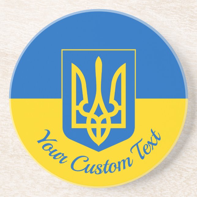 Ukrainian flag with coat of arms and custom text coaster (Front)