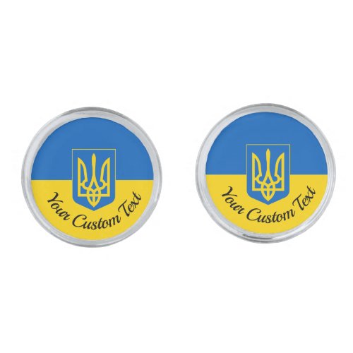 Ukrainian flag with coat of arms and custom text cufflinks