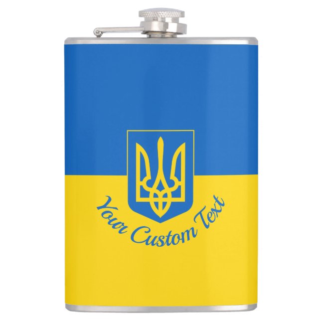 Ukrainian flag with coat of arms and custom text flask (Front)